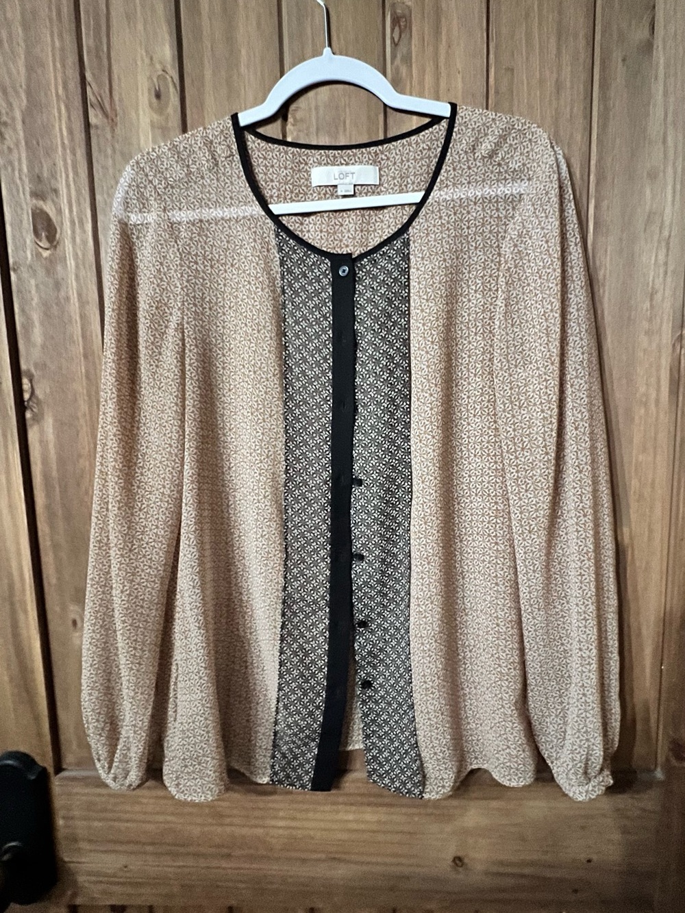 LOFT Beige and Black Printed Button-Front Cardigan